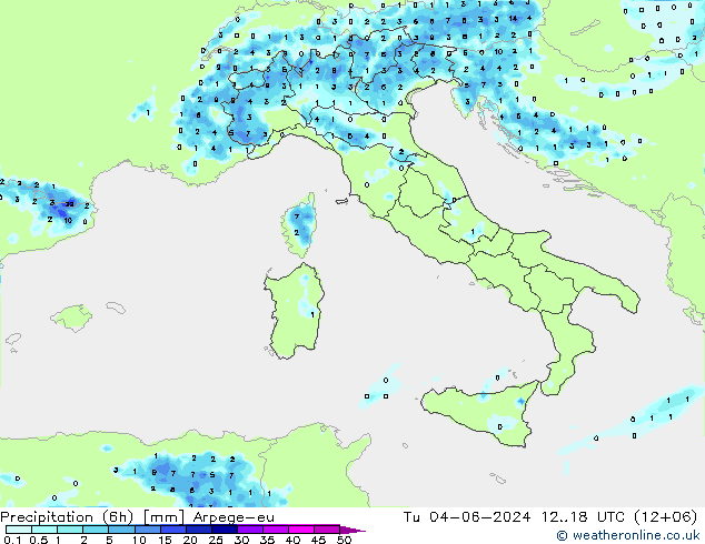 Yağış (6h) Arpege-eu Sa 04.06.2024 18 UTC