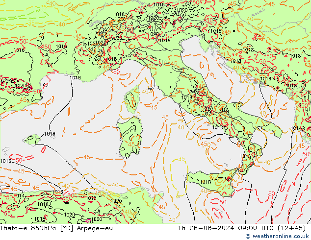 Theta-e 850hPa Arpege-eu Per 06.06.2024 09 UTC