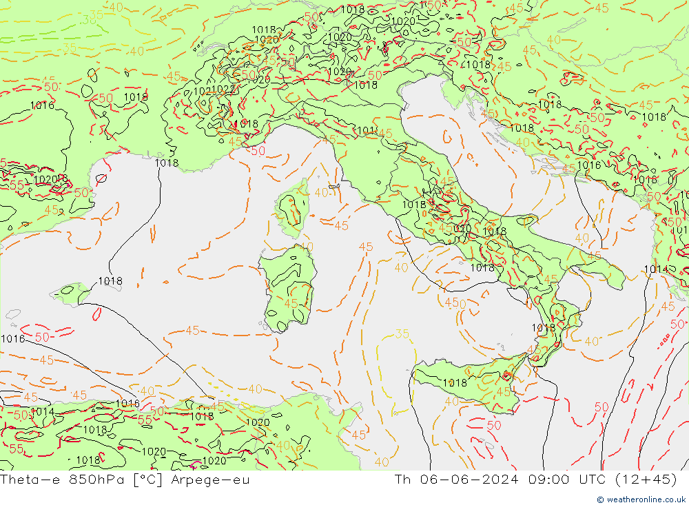 Theta-e 850hPa Arpege-eu Th 06.06.2024 09 UTC