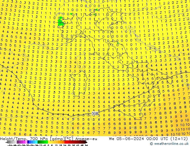 Height/Temp. 700 hPa Arpege-eu śro. 05.06.2024 00 UTC