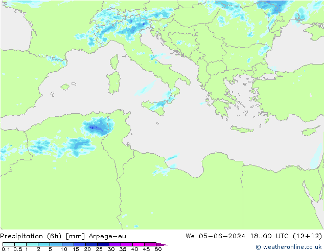 Totale neerslag (6h) Arpege-eu wo 05.06.2024 00 UTC