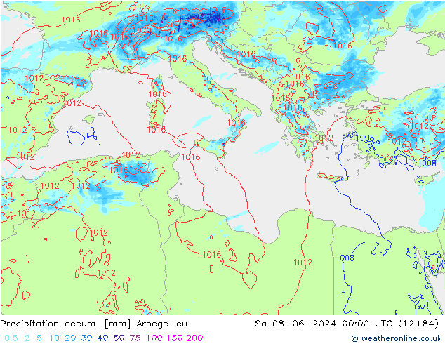 Totale neerslag Arpege-eu za 08.06.2024 00 UTC