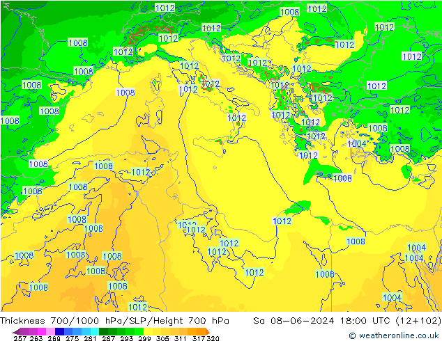 Thck 700-1000 гПа Arpege-eu сб 08.06.2024 18 UTC