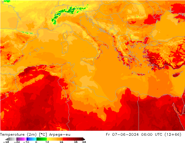 Temperatuurkaart (2m) Arpege-eu vr 07.06.2024 06 UTC