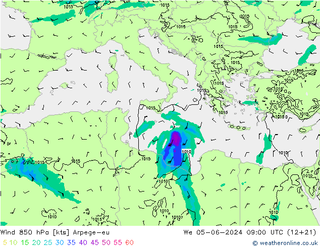 Wind 850 hPa Arpege-eu wo 05.06.2024 09 UTC