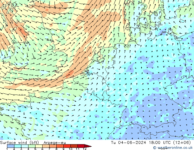 Vento 10 m (bft) Arpege-eu mar 04.06.2024 18 UTC