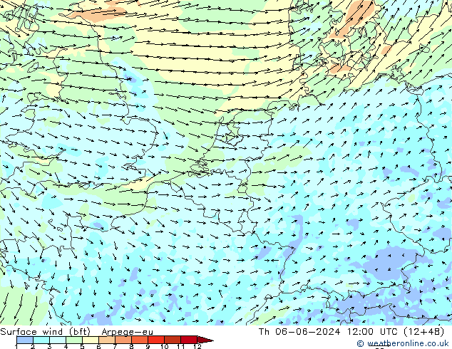 Surface wind (bft) Arpege-eu Th 06.06.2024 12 UTC