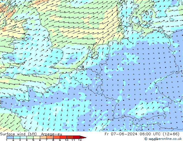 Surface wind (bft) Arpege-eu Fr 07.06.2024 06 UTC
