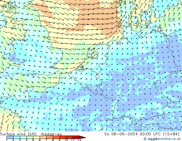 Wind 10 m (bft) Arpege-eu za 08.06.2024 00 UTC