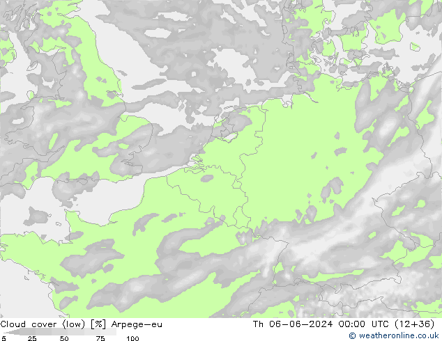 Cloud cover (low) Arpege-eu Th 06.06.2024 00 UTC