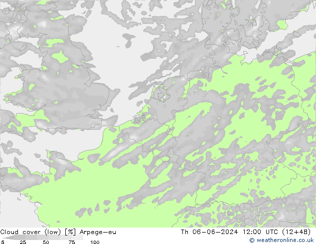 Cloud cover (low) Arpege-eu Th 06.06.2024 12 UTC