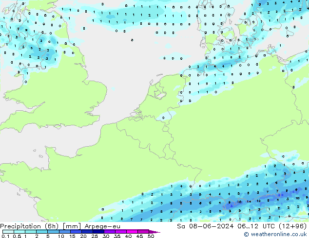 Precipitação (6h) Arpege-eu Sáb 08.06.2024 12 UTC