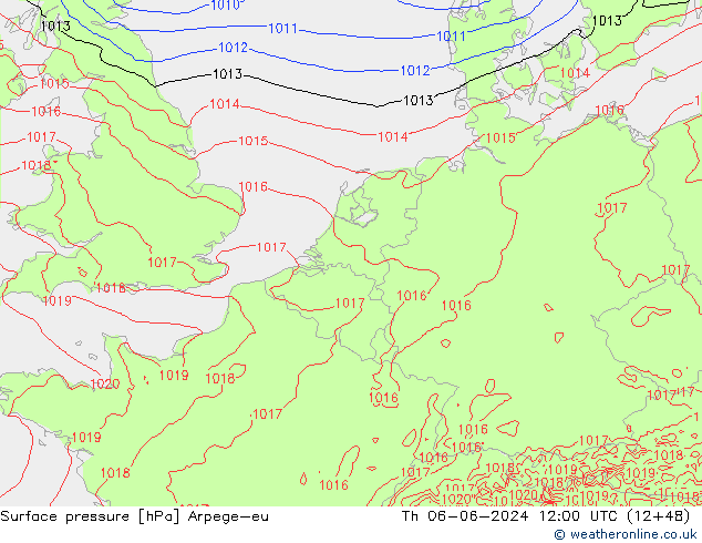 Presión superficial Arpege-eu jue 06.06.2024 12 UTC