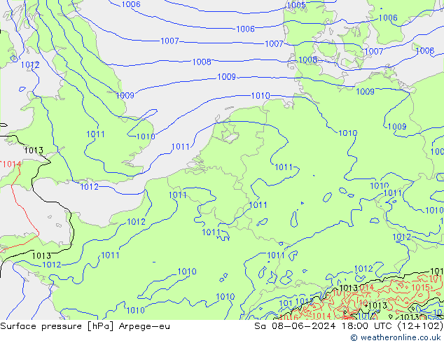 地面气压 Arpege-eu 星期六 08.06.2024 18 UTC