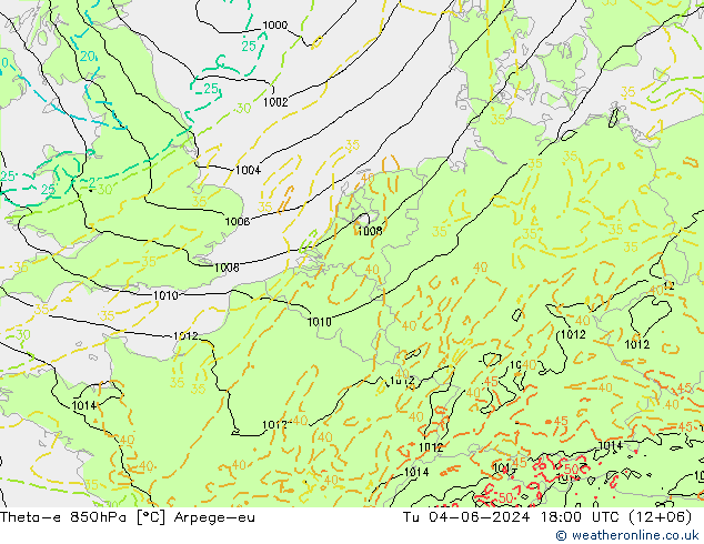 Theta-e 850hPa Arpege-eu Tu 04.06.2024 18 UTC