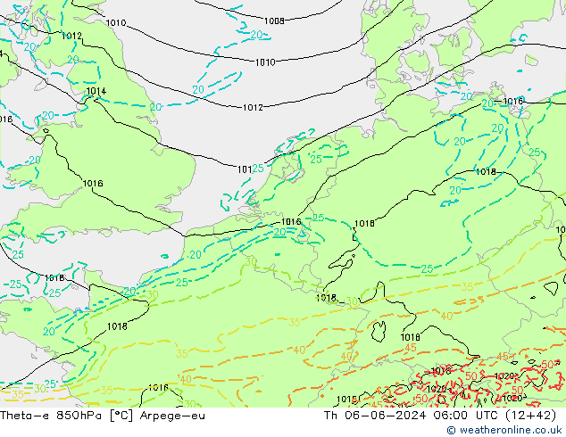 Theta-e 850hPa Arpege-eu Čt 06.06.2024 06 UTC