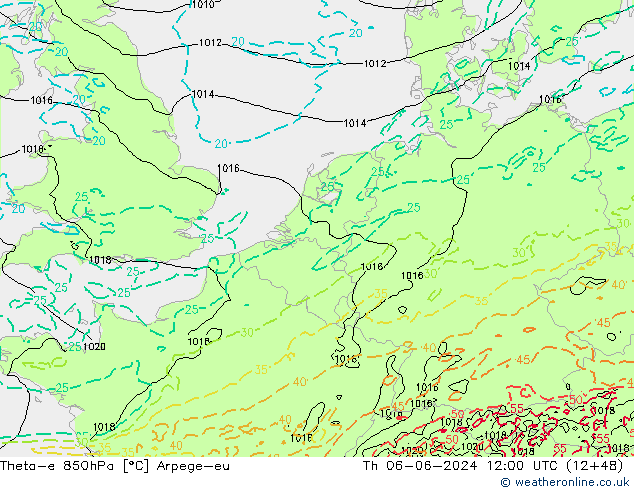 Theta-e 850hPa Arpege-eu do 06.06.2024 12 UTC