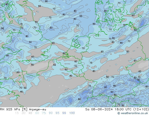 RH 925 hPa Arpege-eu Sa 08.06.2024 18 UTC