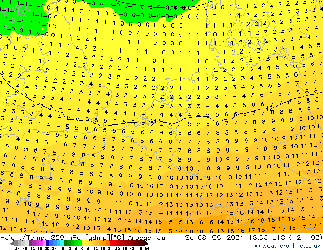 Height/Temp. 850 hPa Arpege-eu So 08.06.2024 18 UTC