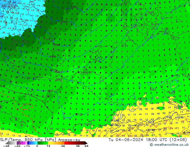 SLP/Temp. 850 гПа Arpege-eu вт 04.06.2024 18 UTC