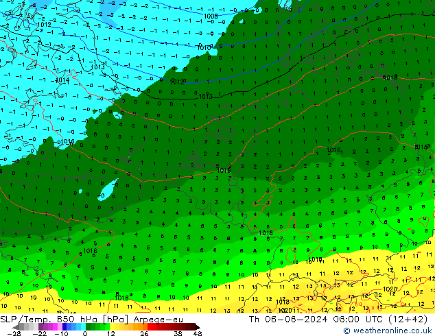 SLP/Temp. 850 hPa Arpege-eu Čt 06.06.2024 06 UTC