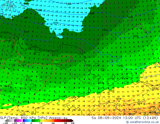 850 hPa Yer Bas./Sıc Arpege-eu Cts 08.06.2024 12 UTC