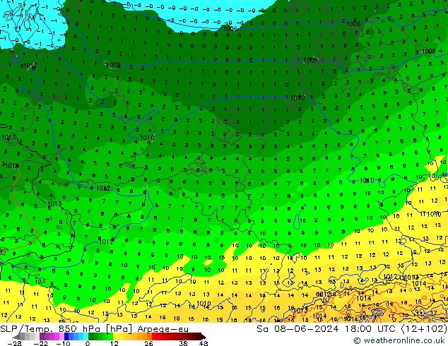 SLP/Temp. 850 hPa Arpege-eu So 08.06.2024 18 UTC