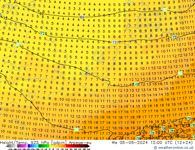 Height/Temp. 925 hPa Arpege-eu Mi 05.06.2024 12 UTC