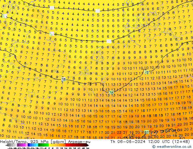 Height/Temp. 925 hPa Arpege-eu Qui 06.06.2024 12 UTC