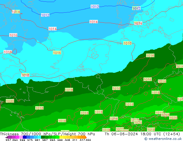 Thck 700-1000 hPa Arpege-eu Čt 06.06.2024 18 UTC