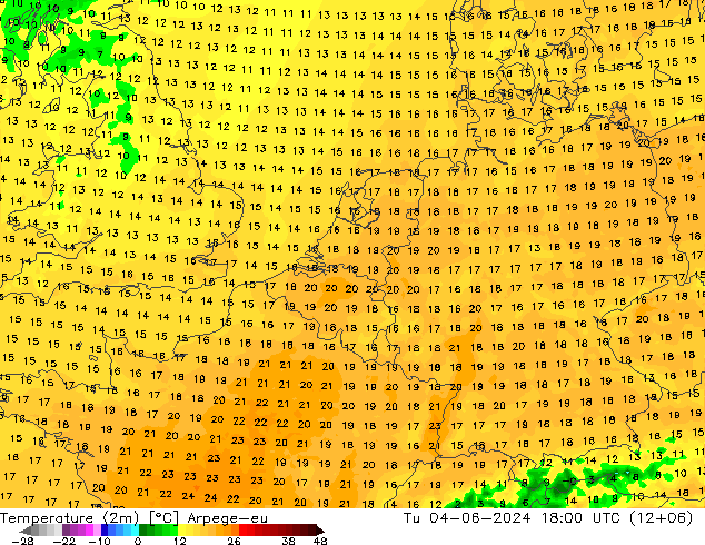 Temperaturkarte (2m) Arpege-eu Di 04.06.2024 18 UTC