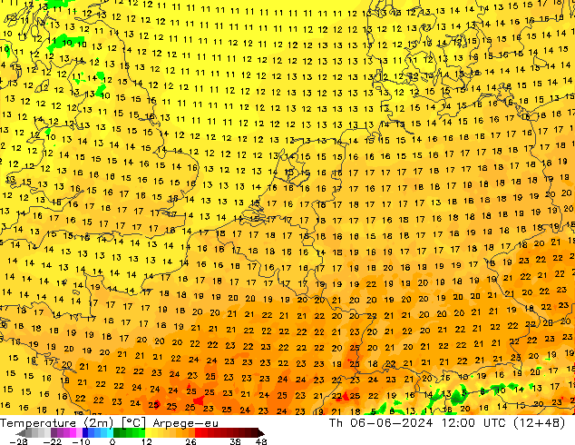 Temperaturkarte (2m) Arpege-eu Do 06.06.2024 12 UTC