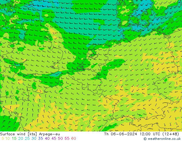 wiatr 10 m Arpege-eu czw. 06.06.2024 12 UTC