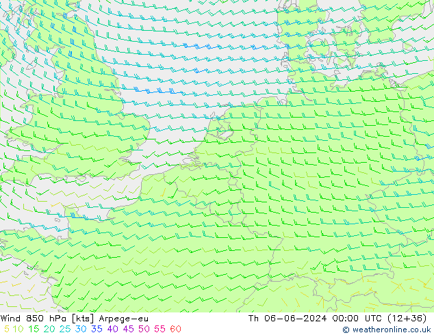 Viento 850 hPa Arpege-eu jue 06.06.2024 00 UTC