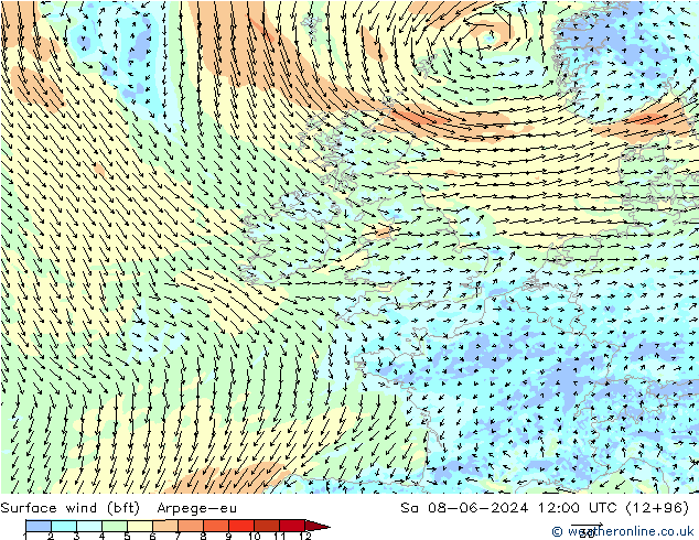 Viento 10 m (bft) Arpege-eu sáb 08.06.2024 12 UTC