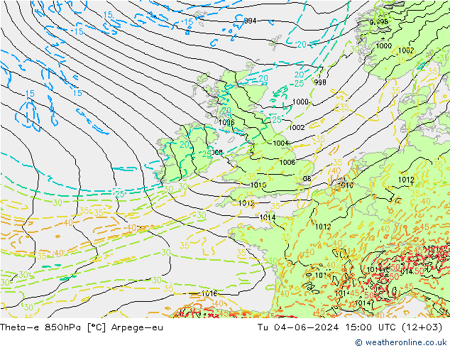 Theta-e 850hPa Arpege-eu di 04.06.2024 15 UTC