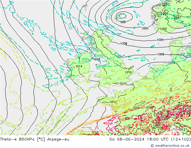 Theta-e 850hPa Arpege-eu Sa 08.06.2024 18 UTC