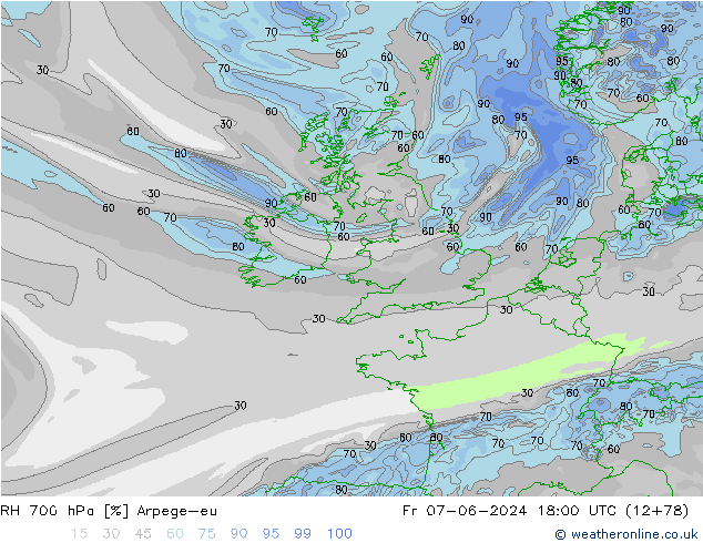 RH 700 hPa Arpege-eu Sex 07.06.2024 18 UTC