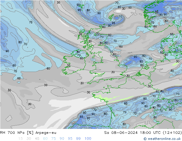 RH 700 hPa Arpege-eu Sa 08.06.2024 18 UTC