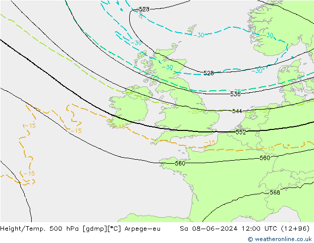 Height/Temp. 500 hPa Arpege-eu so. 08.06.2024 12 UTC