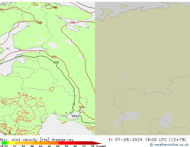 Max. wind velocity Arpege-eu пт 07.06.2024 18 UTC