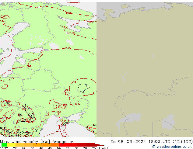 Max. wind velocity Arpege-eu So 08.06.2024 18 UTC