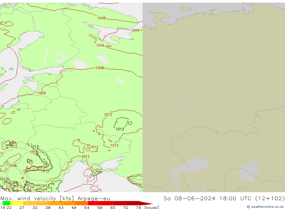 Max. wind velocity Arpege-eu So 08.06.2024 18 UTC