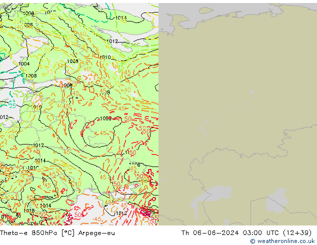 Theta-e 850hPa Arpege-eu czw. 06.06.2024 03 UTC