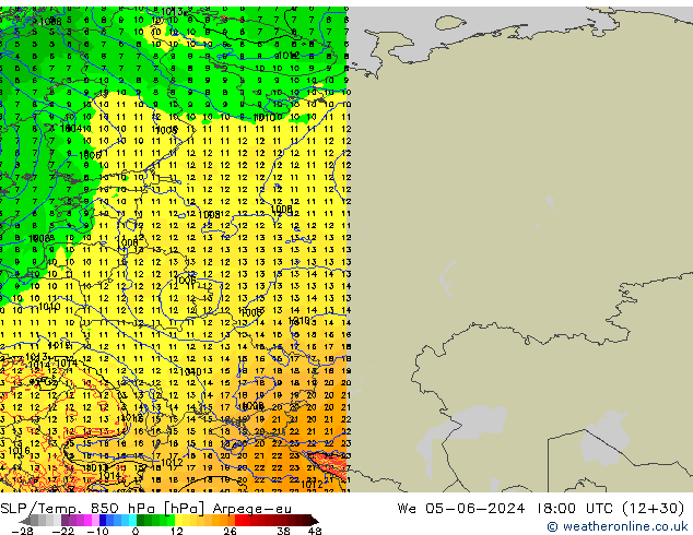 SLP/Temp. 850 гПа Arpege-eu ср 05.06.2024 18 UTC