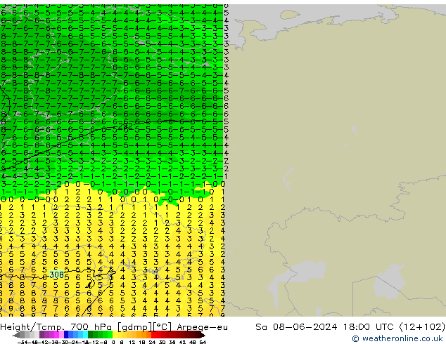 Height/Temp. 700 hPa Arpege-eu sab 08.06.2024 18 UTC