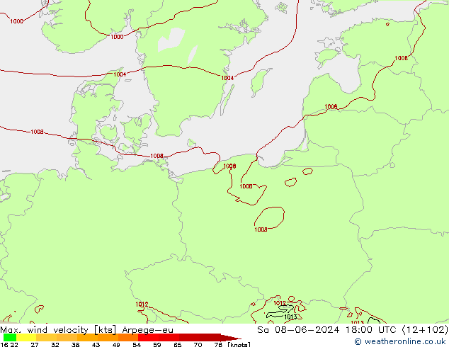 Max. wind velocity Arpege-eu Sáb 08.06.2024 18 UTC