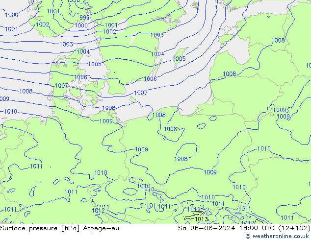 Presión superficial Arpege-eu sáb 08.06.2024 18 UTC