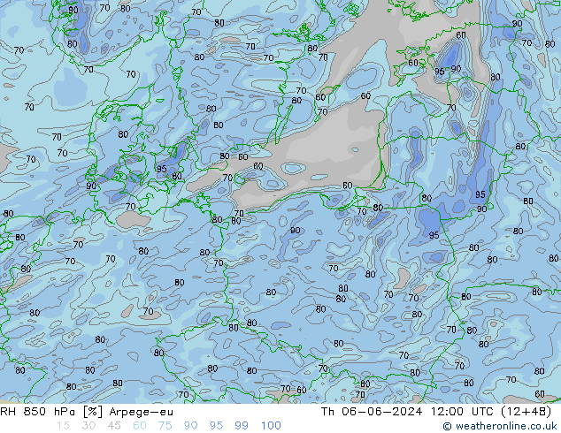 RH 850 hPa Arpege-eu czw. 06.06.2024 12 UTC