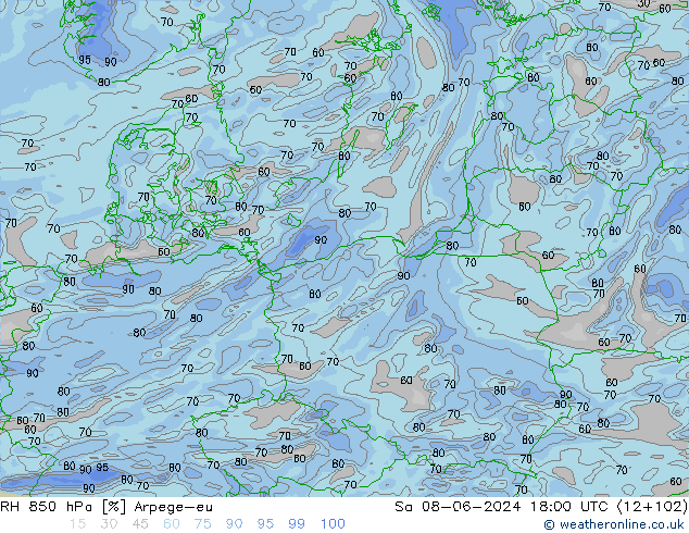 RH 850 гПа Arpege-eu сб 08.06.2024 18 UTC